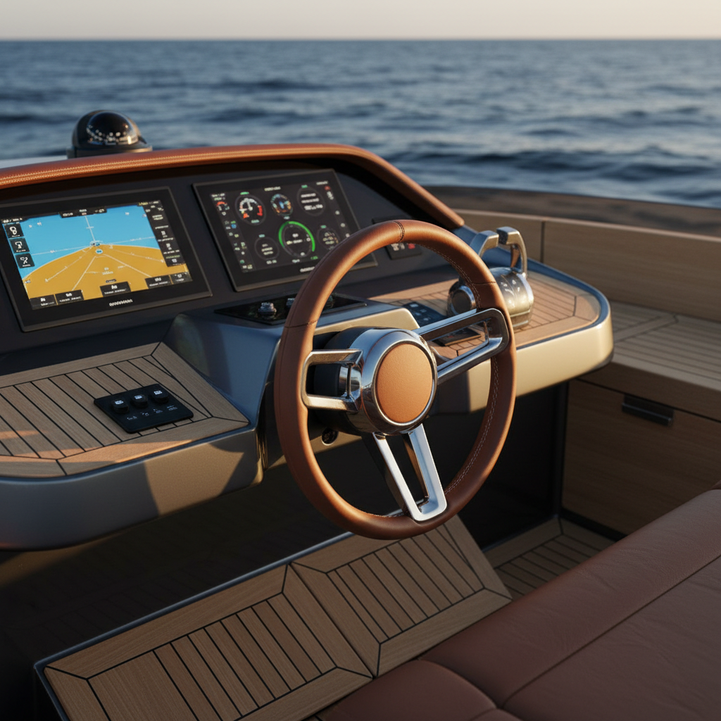 A dramatic close-up of an Aura yacht’s cockpit and helm, emphasizing bespoke craftsmanship: a beautifully sculpted carbon-fiber steering wheel with a satin finish, perfectly stitched leather rim, and integrated controls framed by gleaming stainless-steel hardware. The surrounding teak seating and footrests show rich grain and silky matte varnish. The open sea stretches out in a softly blurred background, deep blue with subtle ripples. Early evening light, low and warm, creates delicate highlights along edges and casts soft, directional shadows, accentuating form and texture. Shot from a slightly low angle with shallow depth of field, the photographic realism and crisp detail convey precision engineering, comfort, and modern sophistication.