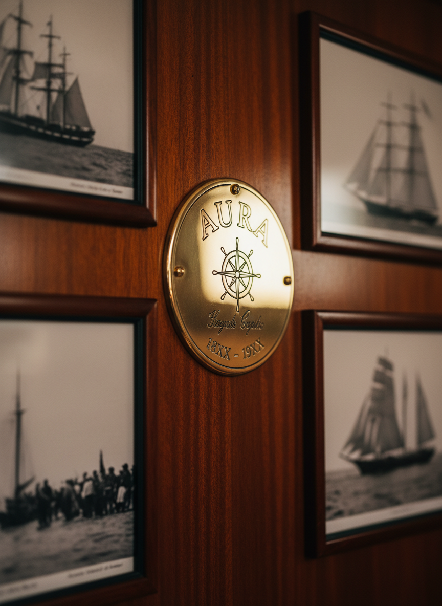 A heritage-focused scene showing a polished Aura yacht brass builder’s plaque mounted on a richly toned mahogany bulkhead, its engraved details rendered without readable text but clearly signifying legacy and pedigree. Around it, framed black-and-white photographs of classic sailing silhouettes and historic regattas are softly out of focus, hinting at generations of ocean crossings. Gentle, indirect cabin lighting creates warm reflections on the brass and subtle shadows in the wood grain. Shot as a tight, cinematic close-up with shallow depth of field, the photographic image feels timeless and sophisticated, emphasizing tradition, craftsmanship, and brand heritage while avoiding any direct depiction of people or legible writing.